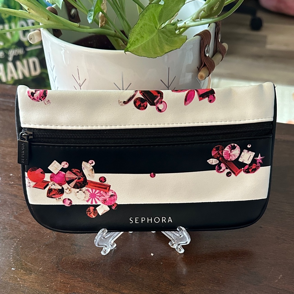 Sephora Black and White Striped Cosmetic Bag with Pink Accents